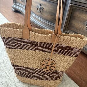 Tory Burch Beige and Dark Brown Woven Tote